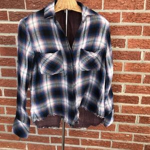 Anthropologie Cloth And Stone Plaid Button Down Blouse Blue Pink Size XS